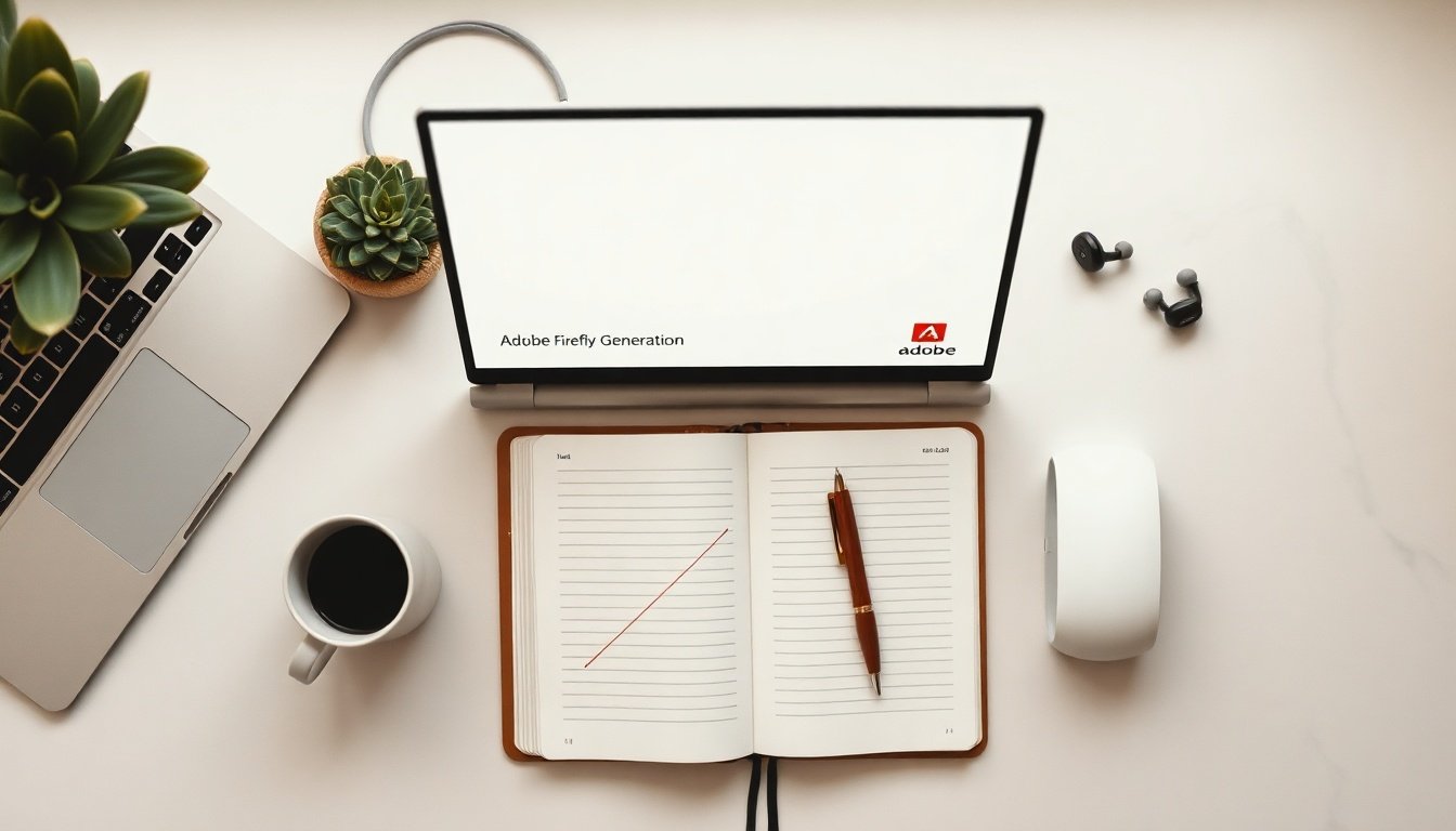 어도비 파이어플라이 영상 - flat lay of Adobe Firefly video generation interface on a modern desktop screen, AI video creation concept