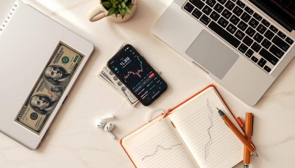 해외 주식 - flat lay of smartphone showing US stock market app, dollar bills, and notebook on white desk, overseas stock investment concept