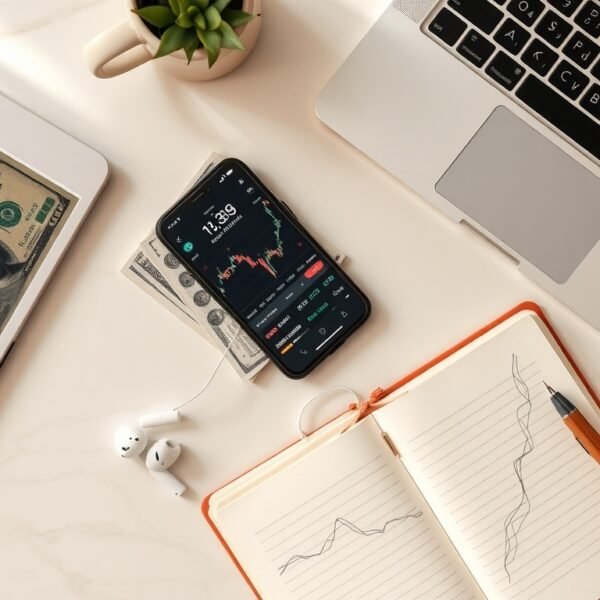 해외 주식 - flat lay of smartphone showing US stock market app, dollar bills, and notebook on white desk, overseas stock investment concept