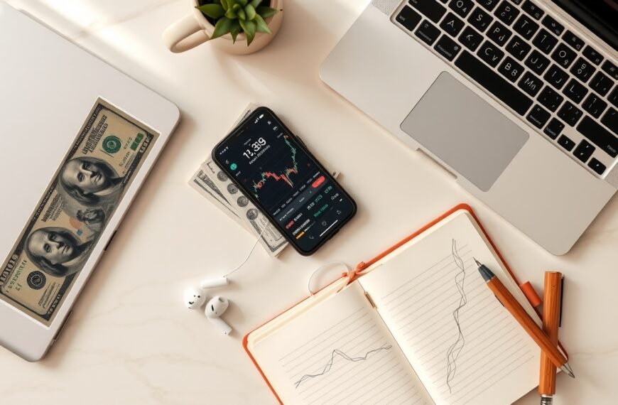 해외 주식 - flat lay of smartphone showing US stock market app, dollar bills, and notebook on white desk, overseas stock investment concept
