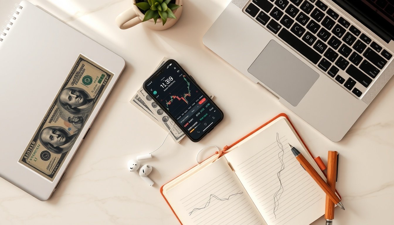 해외 주식 - flat lay of smartphone showing US stock market app, dollar bills, and notebook on white desk, overseas stock investment concept