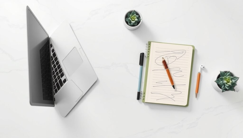 블로그 포스팅 팁 - flat lay of laptop, notebook and pen on white desk, blog posting tips and SEO strategy concept