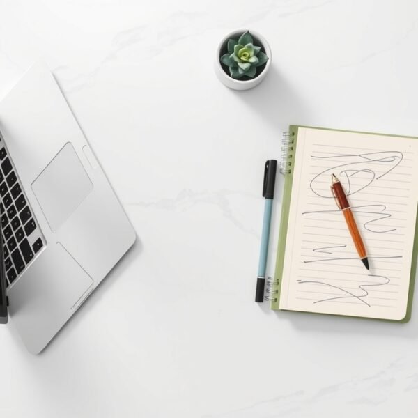 블로그 포스팅 팁 - flat lay of laptop, notebook and pen on white desk, blog posting tips and SEO strategy concept