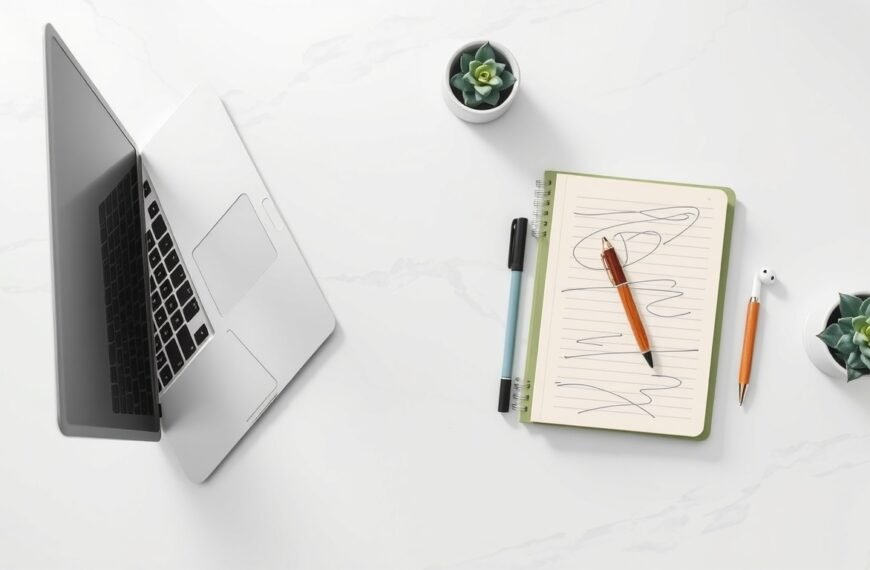 블로그 포스팅 팁 - flat lay of laptop, notebook and pen on white desk, blog posting tips and SEO strategy concept