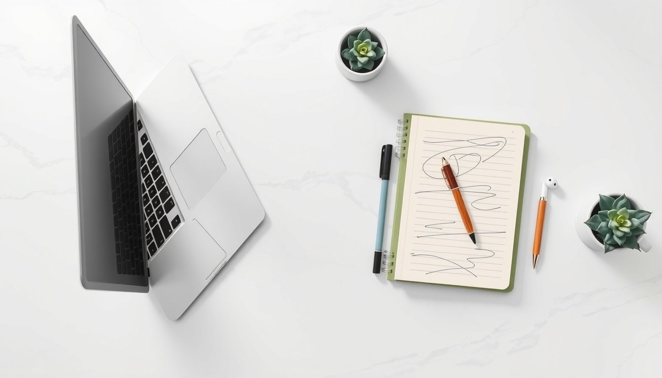 블로그 포스팅 팁 - flat lay of laptop, notebook and pen on white desk, blog posting tips and SEO strategy concept