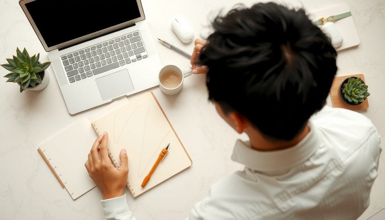 청년 창업 지원금 지원금 - Korean young man upper body shot with face visible, smiling while reviewing business plan documents at a desk, youth startup support fund application concept, natural hands