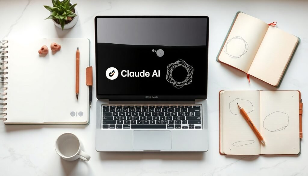 클로드 클로드 AI 사용법 - flat lay of laptop screen displaying Claude AI interface with notebook and pen on white desk, Claude AI usage concept
