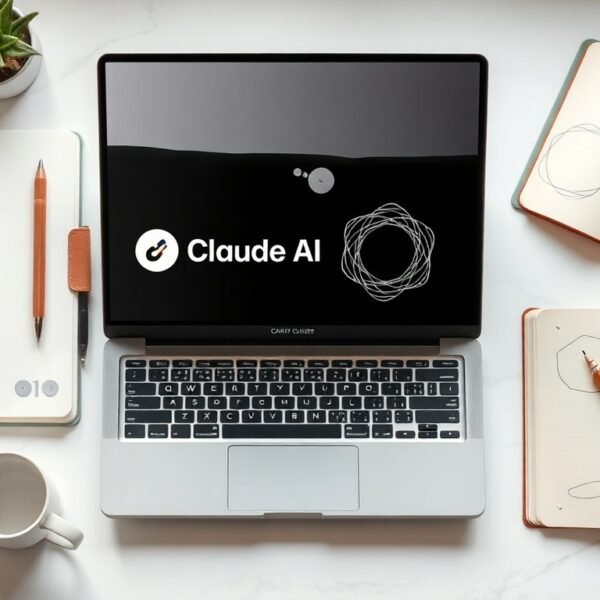 클로드 클로드 AI 사용법 - flat lay of laptop screen displaying Claude AI interface with notebook and pen on white desk, Claude AI usage concept