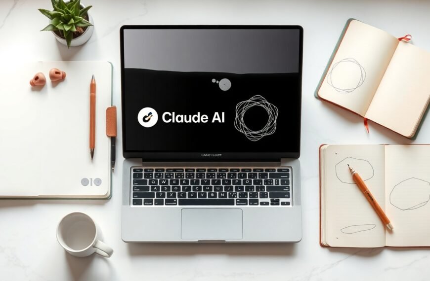 클로드 클로드 AI 사용법 - flat lay of laptop screen displaying Claude AI interface with notebook and pen on white desk, Claude AI usage concept