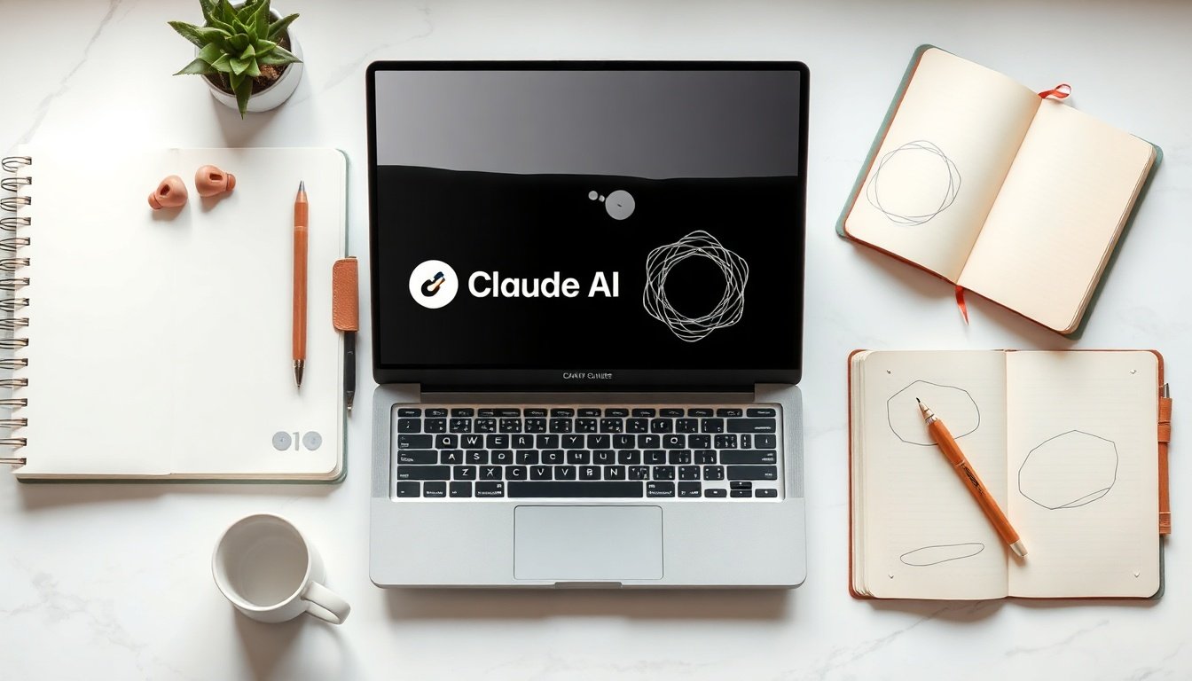 클로드 클로드 AI 사용법 - flat lay of laptop screen displaying Claude AI interface with notebook and pen on white desk, Claude AI usage concept