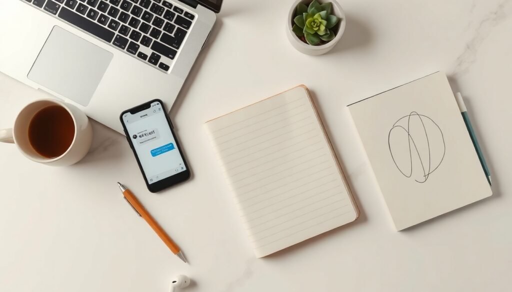 무료 챗gpt 한국어 - flat lay of smartphone showing ChatGPT interface in Korean on white desk with notebook and pen, AI technology concept