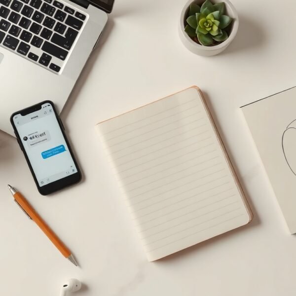무료 챗gpt 한국어 - flat lay of smartphone showing ChatGPT interface in Korean on white desk with notebook and pen, AI technology concept