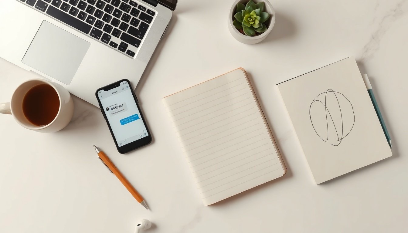 무료 챗gpt 한국어 - flat lay of smartphone showing ChatGPT interface in Korean on white desk with notebook and pen, AI technology concept