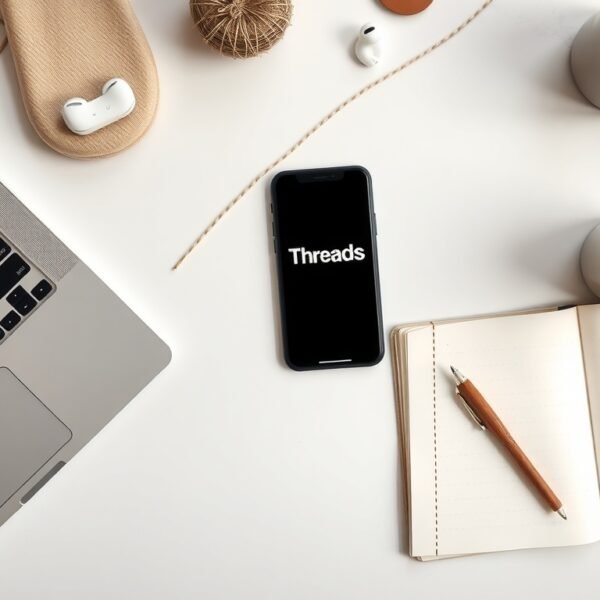 스레드 수익화 방법 - flat lay of smartphone displaying Threads app on white desk with notebook and pen, social media monetization concept