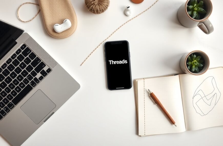 스레드 수익화 방법 - flat lay of smartphone displaying Threads app on white desk with notebook and pen, social media monetization concept