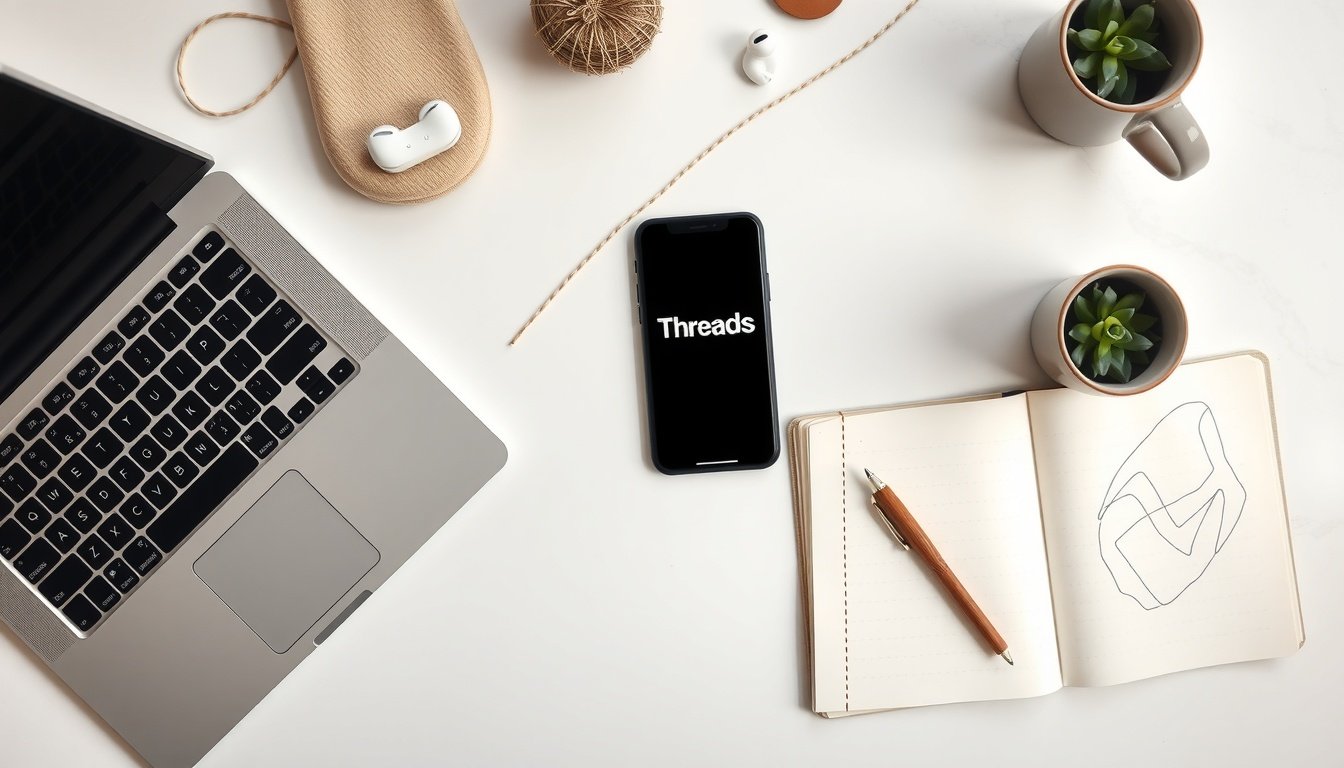 스레드 수익화 방법 - flat lay of smartphone displaying Threads app on white desk with notebook and pen, social media monetization concept
