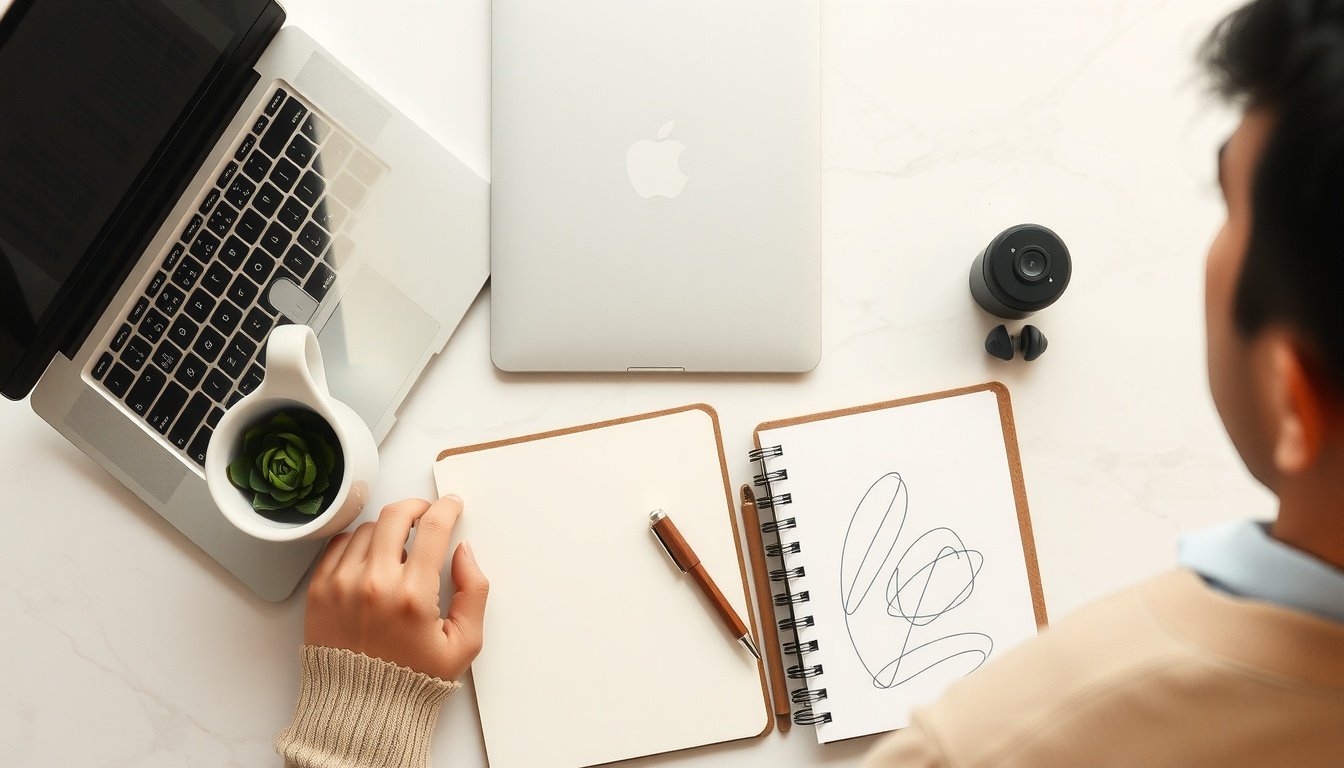프리랜서 수익 - upper body shot of Korean man with face visible, working on laptop at home office desk, freelancer income growth concept, natural hands