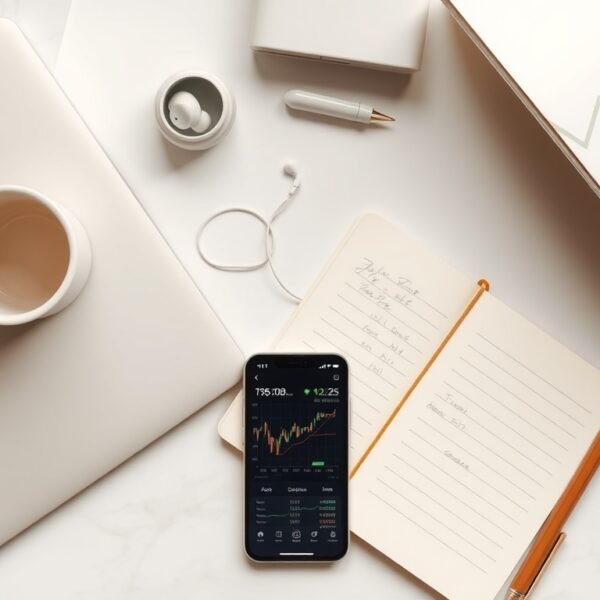 주식 투자 입문 - flat lay of smartphone showing stock chart app, notebook with investment notes, and pen on white desk, stock investment beginner concept