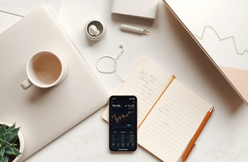 주식 투자 입문 - flat lay of smartphone showing stock chart app, notebook with investment notes, and pen on white desk, stock investment beginner concept