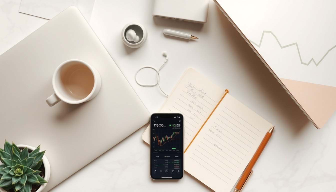 주식 투자 입문 - flat lay of smartphone showing stock chart app, notebook with investment notes, and pen on white desk, stock investment beginner concept