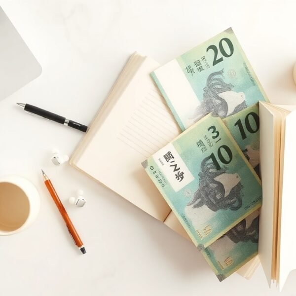 타우바우 - flat lay of government support documents and Korean won bills on white desk, taobao government subsidy concept
