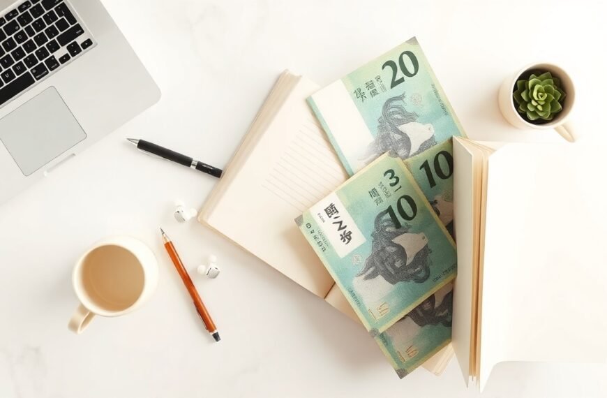 타우바우 - flat lay of government support documents and Korean won bills on white desk, taobao government subsidy concept
