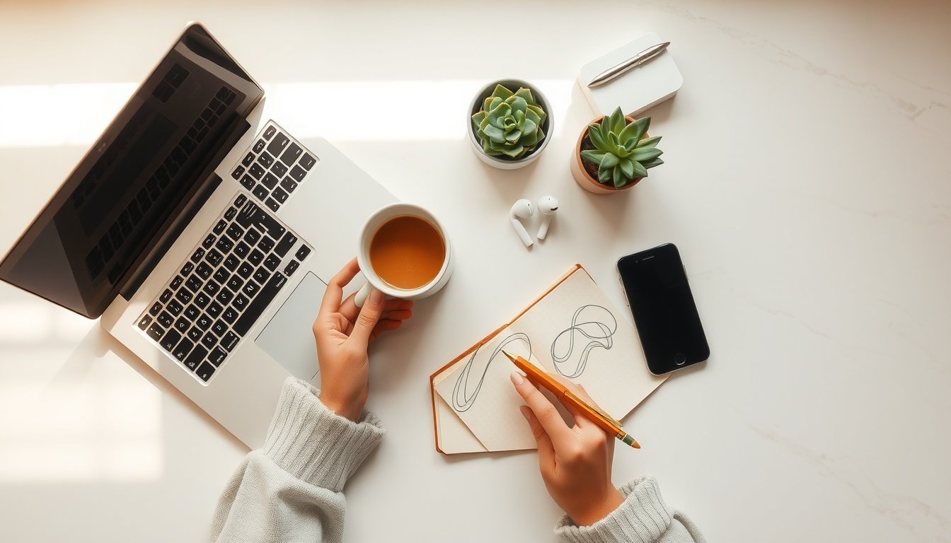 스레드 수익화 강의 - Korean woman upper body shot with face visible, using laptop and smartphone simultaneously for social media content creation, natural hands, bright home office setting