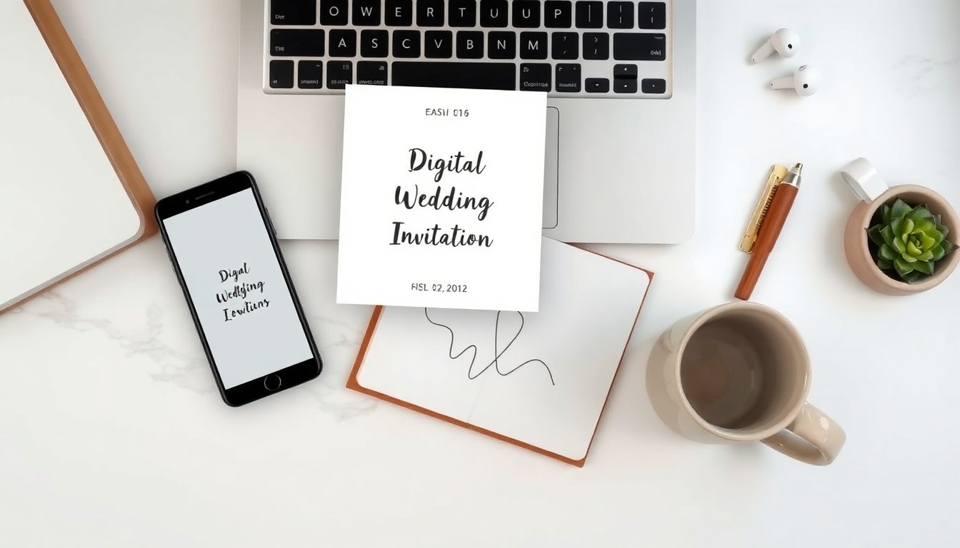 비즈하우스 청첩장 - flat lay of mobile phone showing digital wedding invitation screen on decorated table with flowers, bizhouse mobile wedding invitation example
