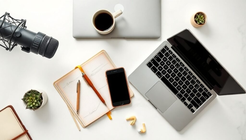 AI 음성합성 - flat lay of microphone, smartphone, and laptop on white desk, AI voice synthesis technology concept