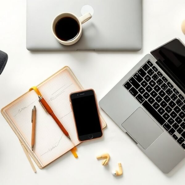 AI 음성합성 - flat lay of microphone, smartphone, and laptop on white desk, AI voice synthesis technology concept