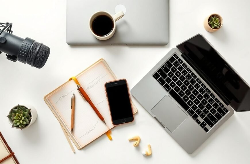 AI 음성합성 - flat lay of microphone, smartphone, and laptop on white desk, AI voice synthesis technology concept
