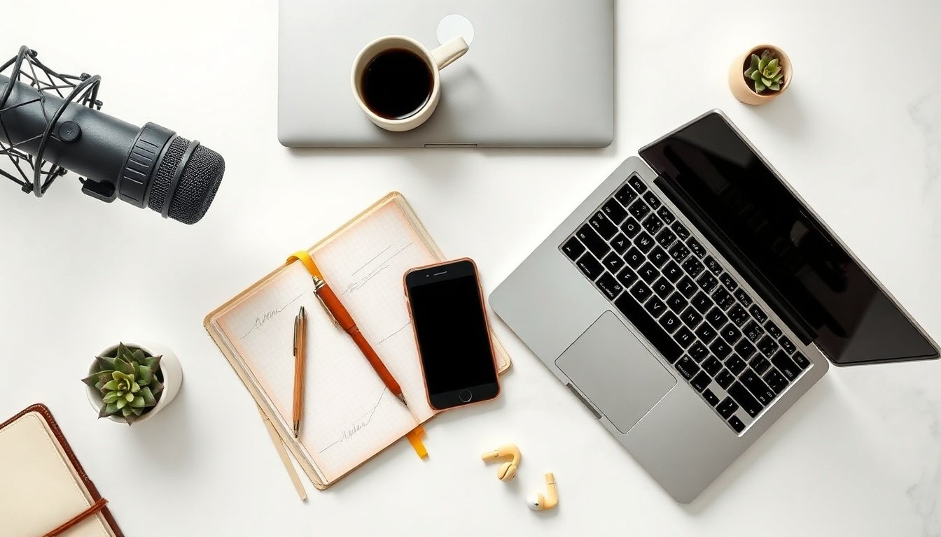 AI 음성합성 - flat lay of microphone, smartphone, and laptop on white desk, AI voice synthesis technology concept