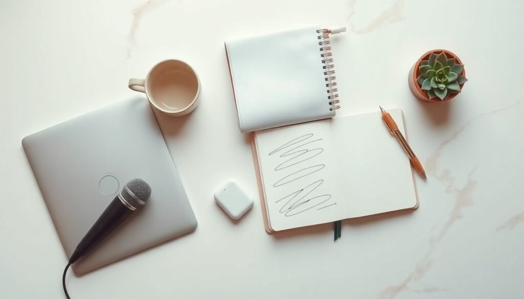 디지털융합교육원 강사사관학교 - flat lay of laptop, microphone, and AI education materials on white desk, digital fusion education AI instructor academy concept