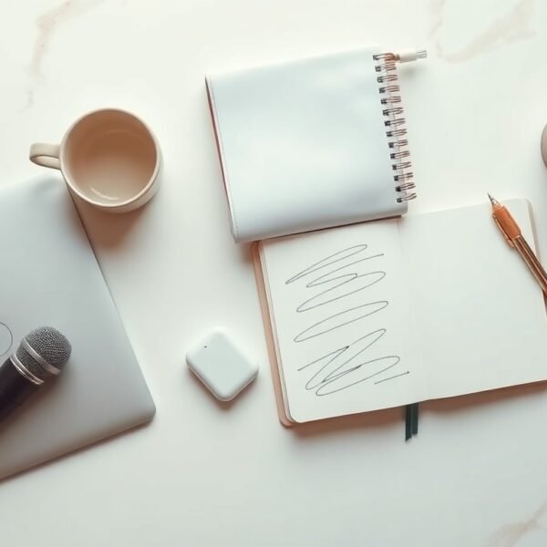 디지털융합교육원 강사사관학교 - flat lay of laptop, microphone, and AI education materials on white desk, digital fusion education AI instructor academy concept