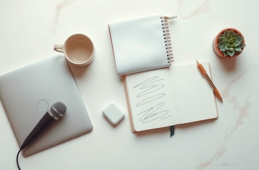 디지털융합교육원 강사사관학교 - flat lay of laptop, microphone, and AI education materials on white desk, digital fusion education AI instructor academy concept