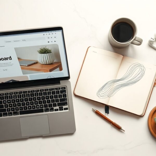 쇼피파이 - flat lay of laptop showing Shopify dashboard with notebook and coffee cup on white desk, online store setup concept
