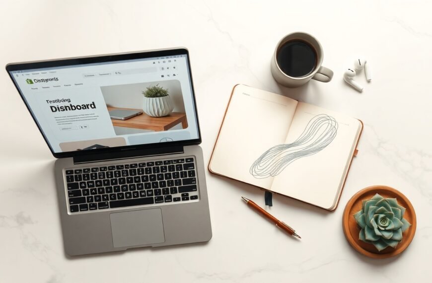 쇼피파이 - flat lay of laptop showing Shopify dashboard with notebook and coffee cup on white desk, online store setup concept