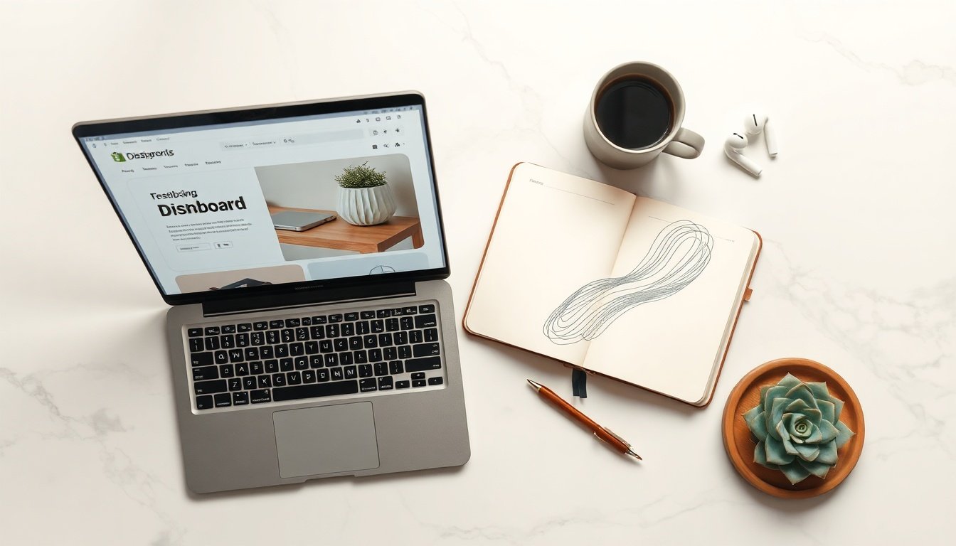 쇼피파이 - flat lay of laptop showing Shopify dashboard with notebook and coffee cup on white desk, online store setup concept