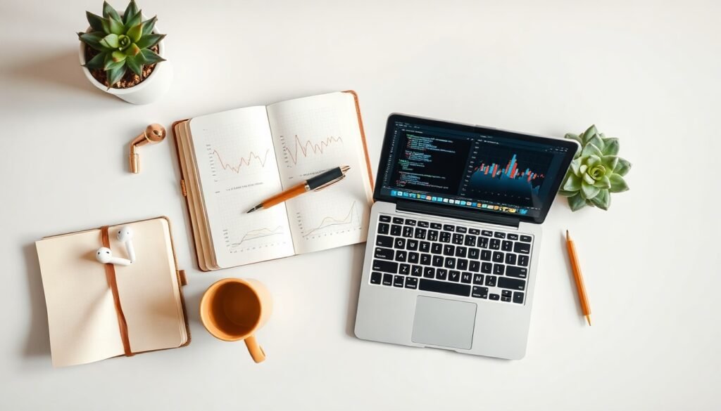 머신러닝 입문 - flat lay of laptop showing machine learning code and data charts on white desk, beginner machine learning concept