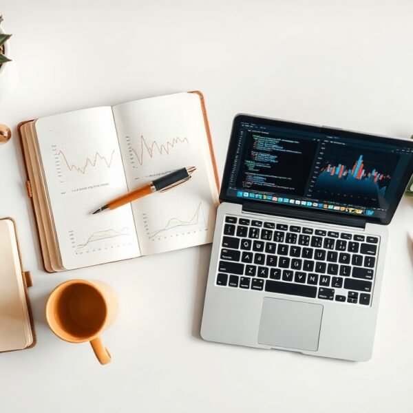 머신러닝 입문 - flat lay of laptop showing machine learning code and data charts on white desk, beginner machine learning concept