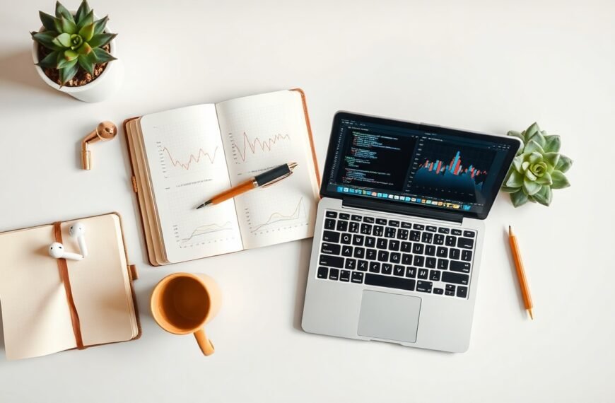 머신러닝 입문 - flat lay of laptop showing machine learning code and data charts on white desk, beginner machine learning concept