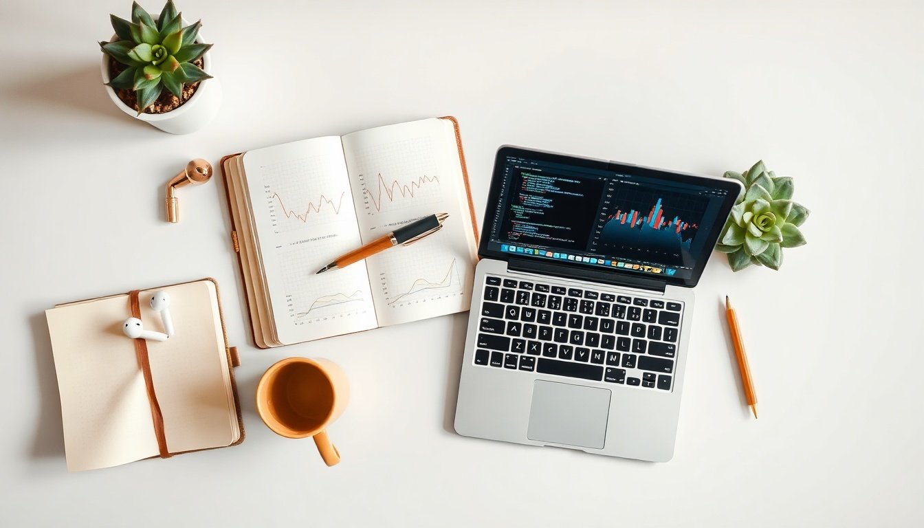 머신러닝 입문 - flat lay of laptop showing machine learning code and data charts on white desk, beginner machine learning concept