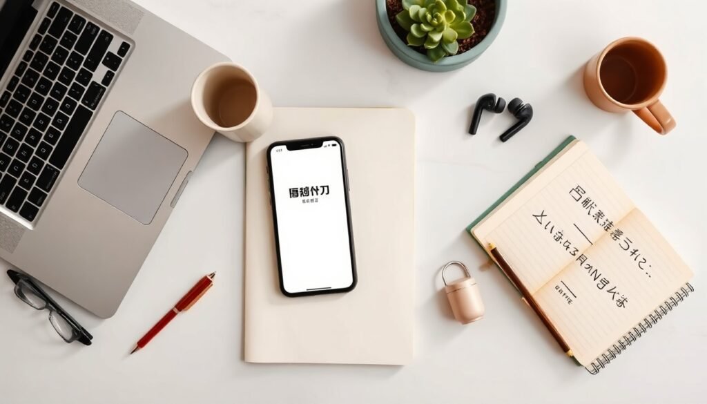 샤오홍슈 - flat lay of smartphone showing Xiaohongshu app interface on white desk with notebook and green plant, social media marketing concept