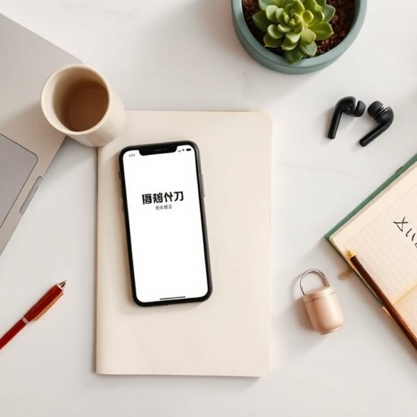 샤오홍슈 - flat lay of smartphone showing Xiaohongshu app interface on white desk with notebook and green plant, social media marketing concept