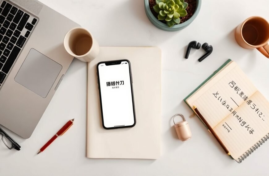 샤오홍슈 - flat lay of smartphone showing Xiaohongshu app interface on white desk with notebook and green plant, social media marketing concept