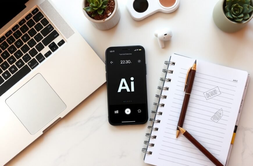 지피티 이미지2 - flat lay of smartphone showing AI-generated image on screen with notebook and pen on white desk, GPT image generation concept