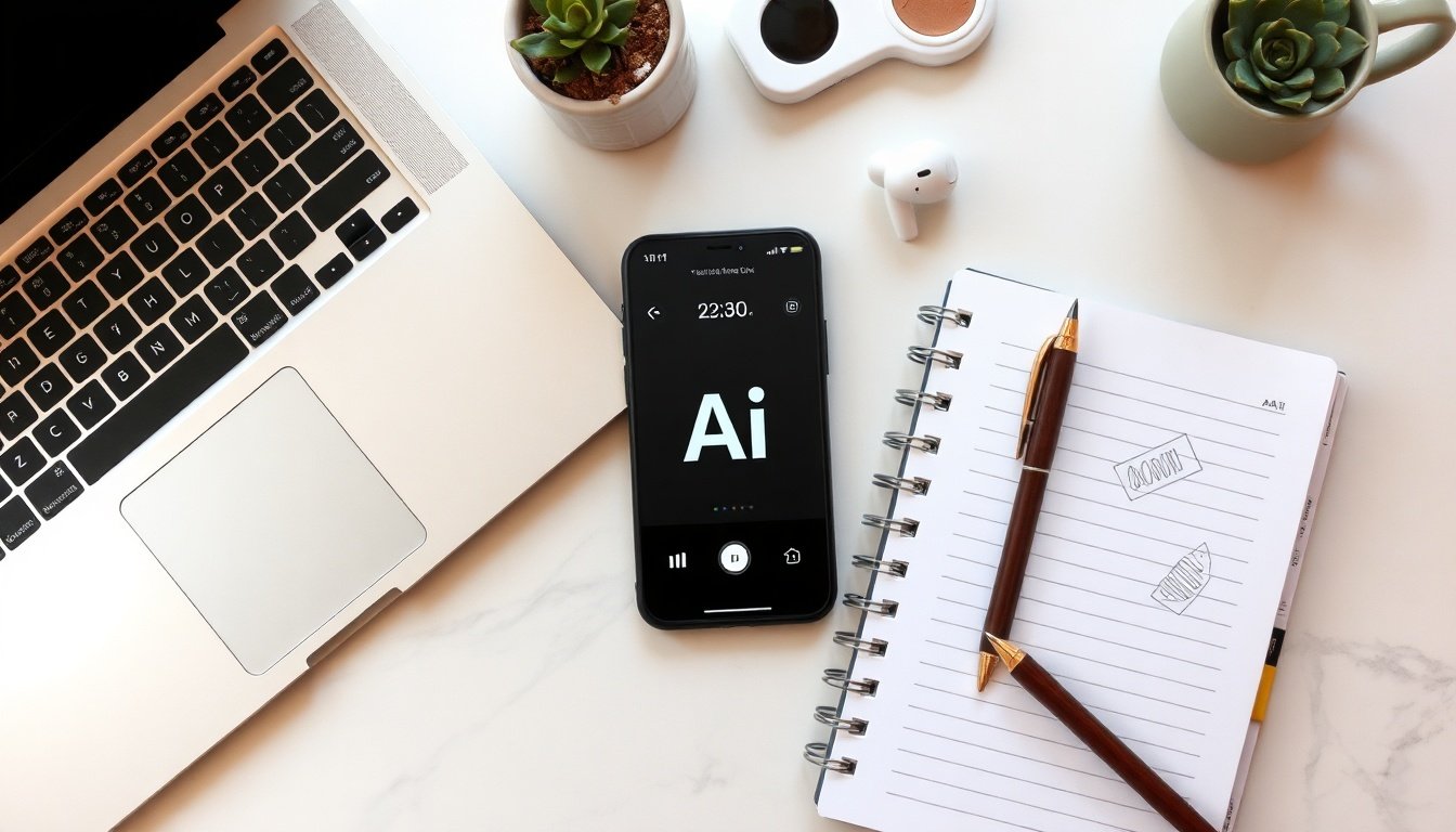 지피티 이미지2 - flat lay of smartphone showing AI-generated image on screen with notebook and pen on white desk, GPT image generation concept