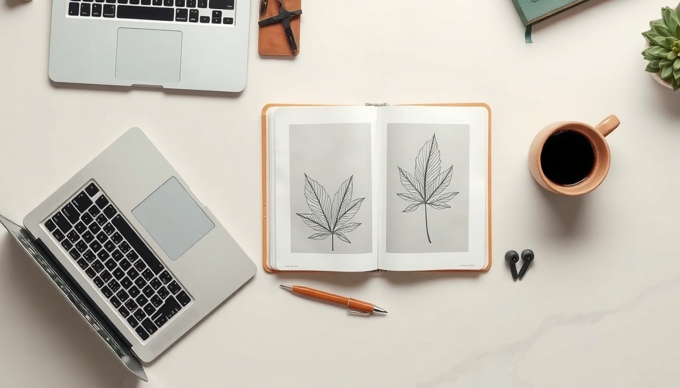 어도비 파이어플라이 사용법 - flat lay of Adobe Firefly generated images printed on paper next to coffee cup and notebook, AI image creation workflow concept, overhead view