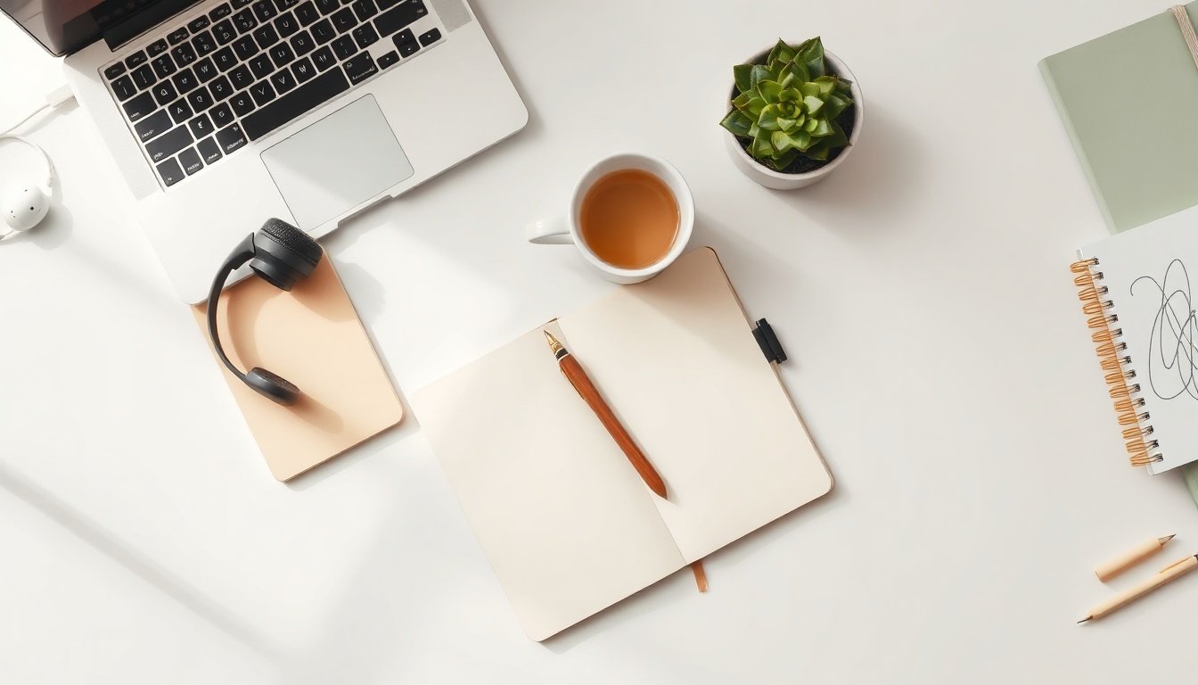 줌회의 - flat lay of headset, notebook, and pen on white desk, zoom meeting productivity concept