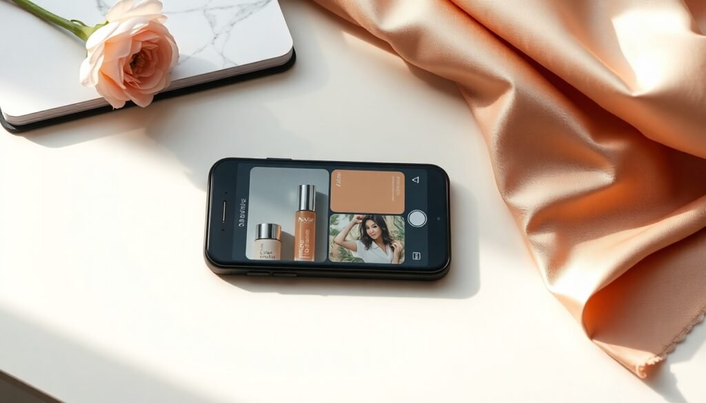 에이블리선정산 - flat lay of smartphone showing fashion app dashboard and notebook on white desk, Ably early settlement service concept
